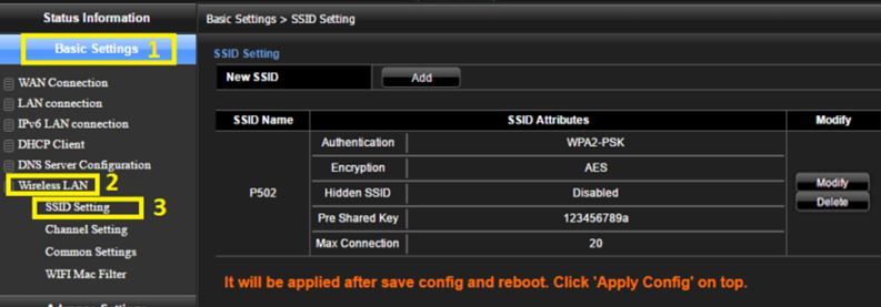 Chọn Basic Settings > Wireless Lan > SSID Setting