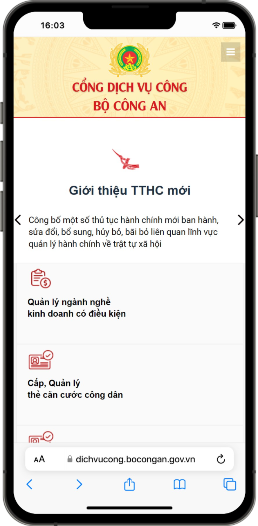 Trang website chính thức của Cổng thông tin dịch vụ Bộ Công An