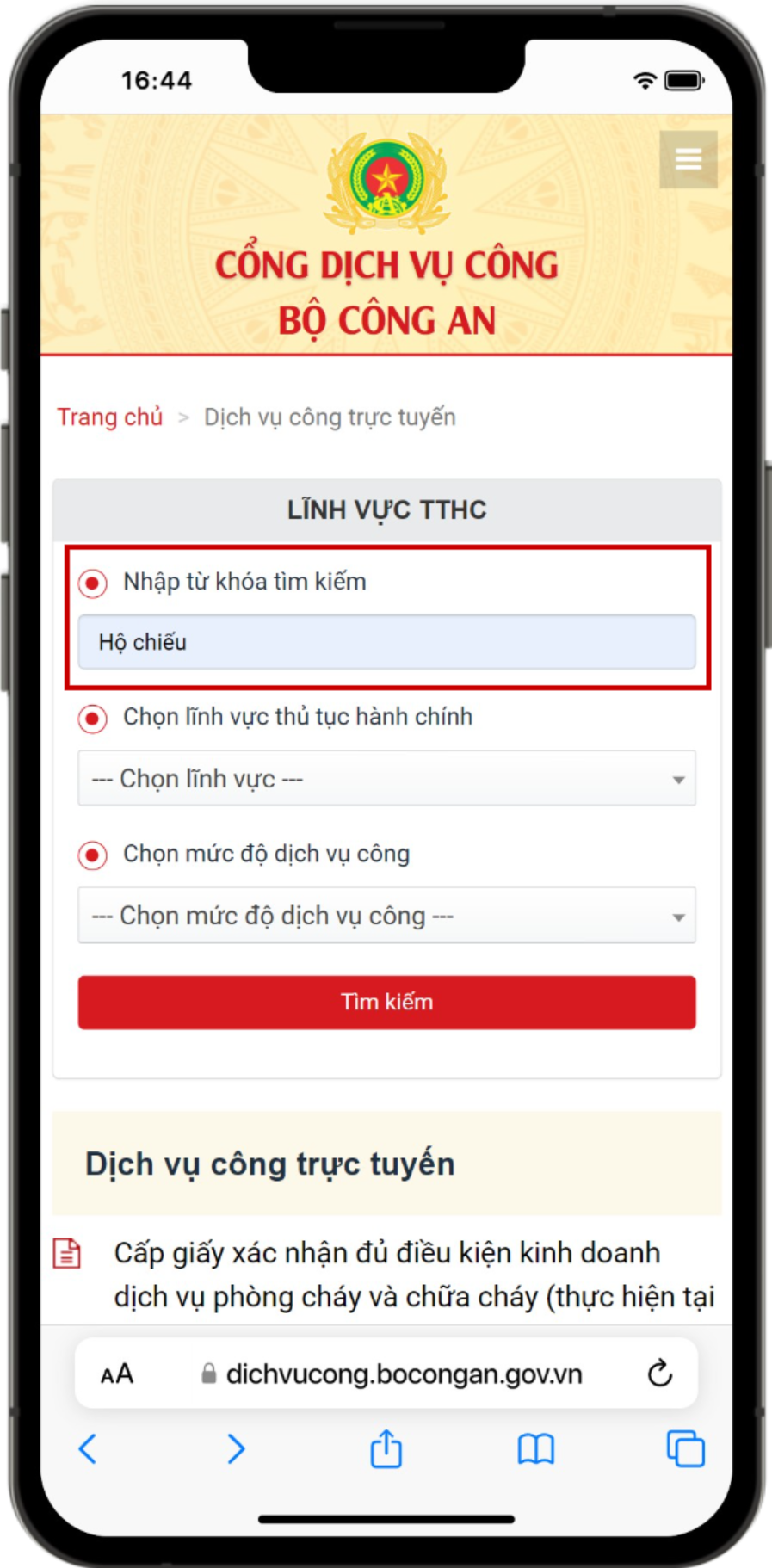 Nhập từ khóa Hộ chiếu và nhấn nút tìm kiếm.
