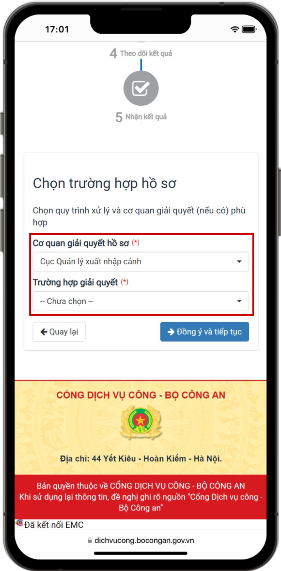 chọn cơ quan giải quyết hồ sơ và trường hợp giải quyết hồ sơ.