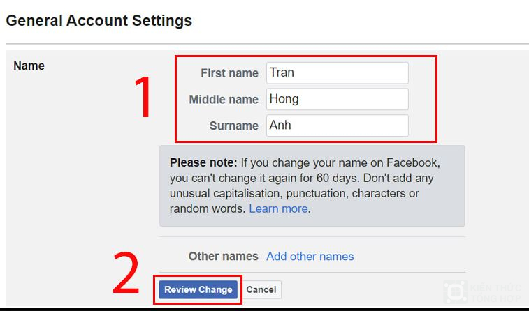 Đổi tên trên facebook rồi bấm xem lại